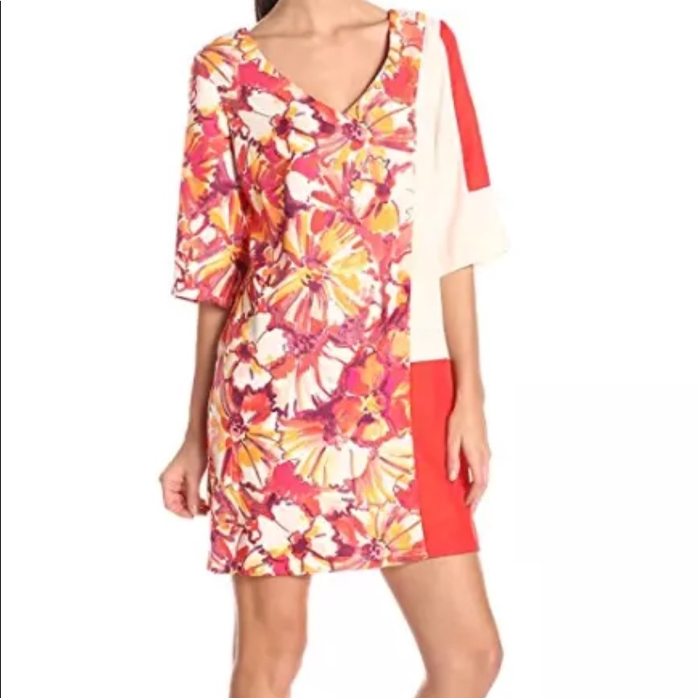 Donna Morgan Coral Floral Color Block V Neck Dress